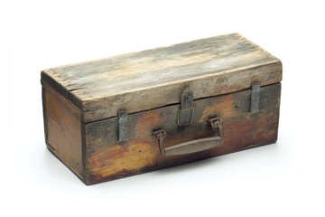 A weathered wooden box with a metal handle and clasp, showing signs of age and use.