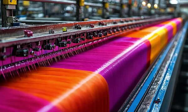 Colorful fabric printing machinery in motion