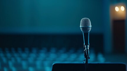 Close-up of a microphone at a podium in an empty conference hall, symbolizing political speeches, leadership, and public speaking