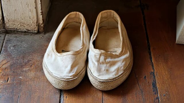 Old canvas shoes on wooden floor indicating a sense of nostalgia and simplicity in a domestic setting