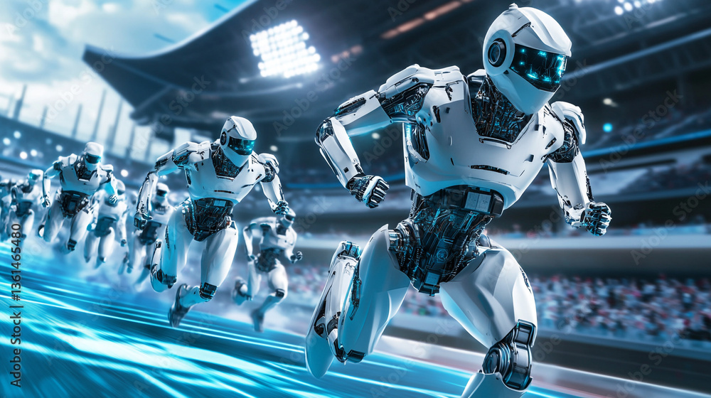 Poster a group of white robots running on a blue track in a stadium with stadium seating in the background