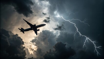 Fototapeta premium A plane was trapped in a lightning storm. flights with bad weather