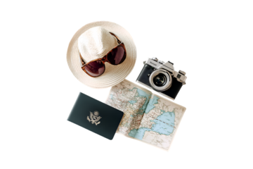 Travel essentials passport map camera sunglasses hat adventure