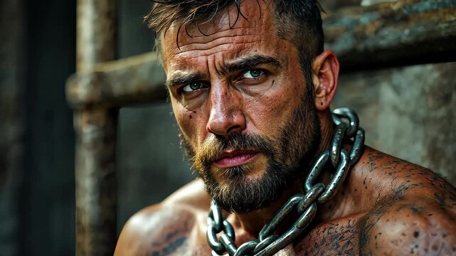 Raw Intensity: A muscular man stares intensely, shackled with a heavy chain, showcasing resilience and strength, his eyes convey a story of hardship, but his gaze is resolute.
