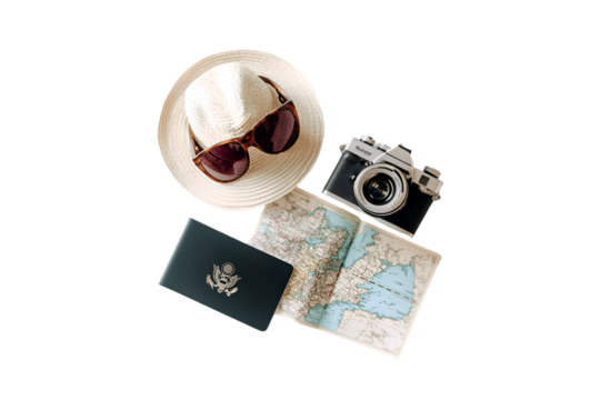 Travel essentials passport map camera sunglasses hat adventure - Powered by Adobe
