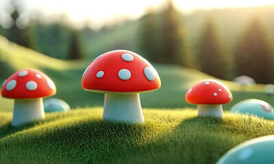 Cute cartoon mushrooms in a grassy hill landscape - Powered by Adobe