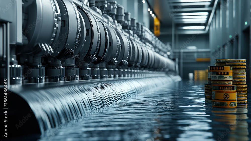 Poster photorealistic image of hydroelectric facility showcases row of turbines with water flowing beneath 