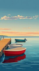 Fototapeta premium Colorful boats are moored next to a wooden pier on water