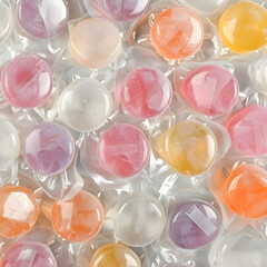 Gleaming Round Xylitol Candies Against a White Background: A Rainbow of Pastel Colors
