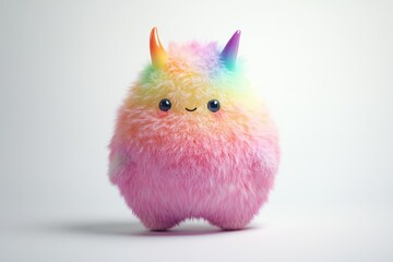 Adorable rainbow fluffy monster with small horns, cute and friendly expression.