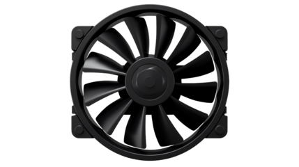 Close up shot of a black computer fan against black backdrop