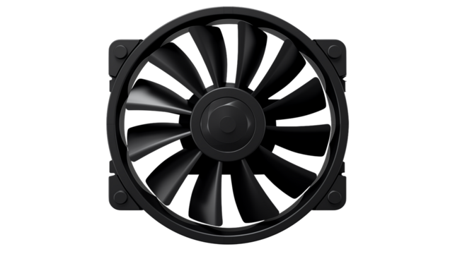 Close up shot of a black computer fan against black backdrop