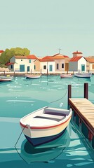 Fototapeta premium Colorful boats are docked near a small coastal village