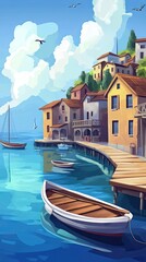 Fototapeta premium Colorful coastal village with boats on calm azure ocean waters