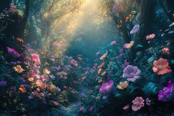Obraz premium Enchanted forest path, vibrant flowers, sunlit stream, magical atmosphere.