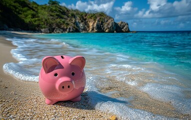 Pink Piggy Bank on Tropical Beach