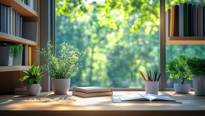 Fototapeta premium A modern desk with bookshelves, plants, books with big window