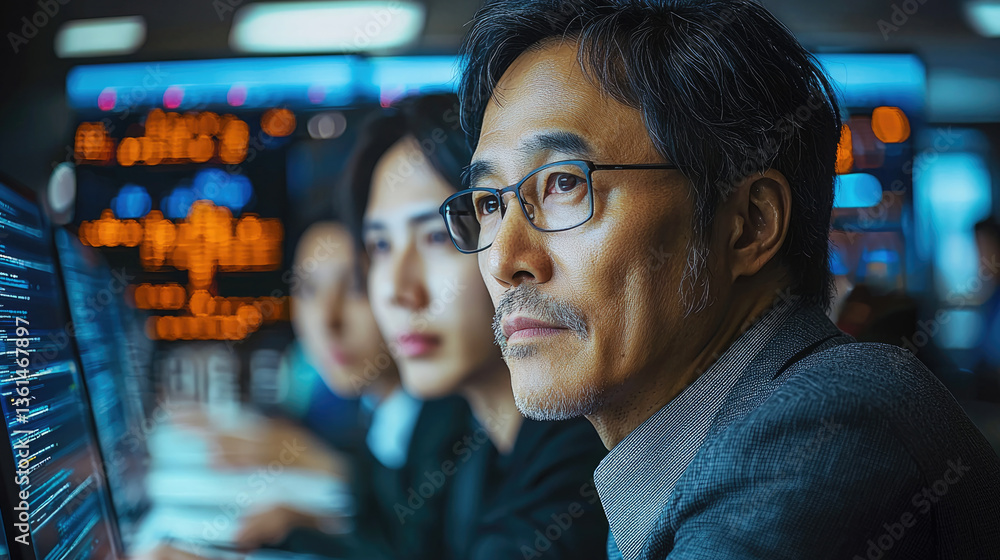 Poster focused man in suit observes data on screen in modern office environment, surrounded by colleagues. 