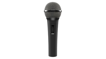 A black microphone with a mesh head on a black background