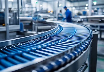 A photo of an industrial food production line with blue and silver accents featuring a conveyor belt stainless steel machinery white walls and a factory floor The