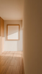 A room with a wooden door and a white frame on the wall. The room is empty and has a simple, clean look premium photo 3d render