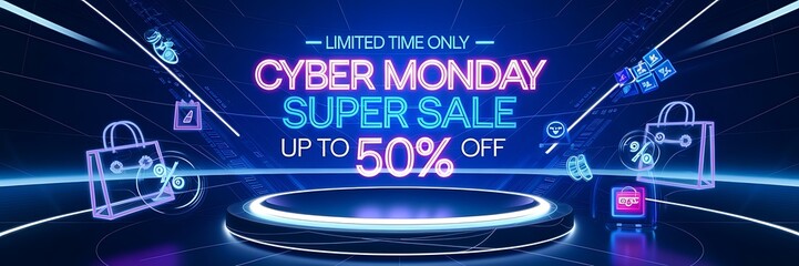 Futuristic Cyber Monday sale scene with neon blue and purple lights sleek black background, glowing holographic discount signs emphasizing the 50 percent discount for innovative online shopping event