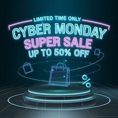 Futuristic Cyber Monday sale scene with neon blue and purple lights sleek black background, glowing holographic discount signs emphasizing the 50 percent discount for innovative online shopping event