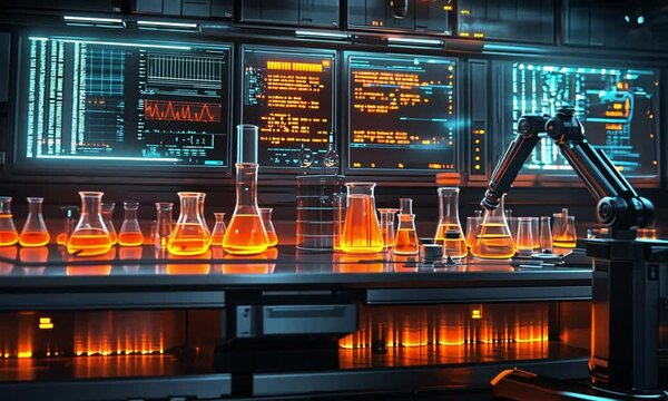 Futuristic laboratory with advanced robotic arms and holographic digital screens displaying complex scientific data and chemical analysis. - Powered by Adobe