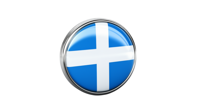 A blue and white cross in a circle with a chrome border