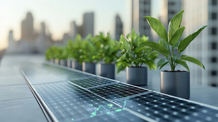 Fototapeta premium row of potted plants is placed alongside solar panels on rooftop, symbolizing sustainable urban living and green technology integration in cityscape