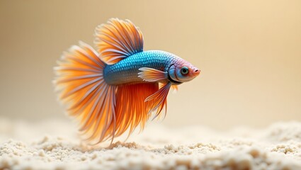 Fototapeta premium Betta fish in an artistic pose on a light sand-colored background