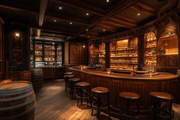 The Warm Embrace of a Classic Bar: Step into a refined, vintage bar illuminated by the soft glow of ambient lighting, with neatly arranged liquor bottles and inviting seating.