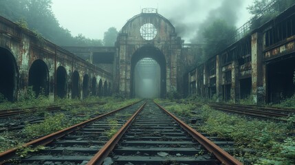 An abandoned railway station is shrouded in a mysterious atmosphere