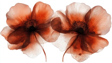 Two red poppies, x-ray style, isolated, white background, floral design