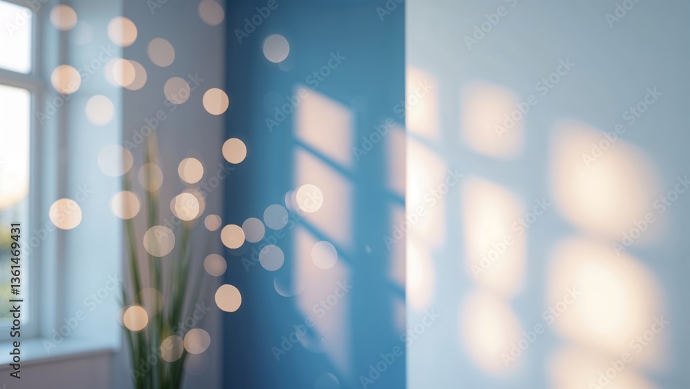Poster sunlight streams through a window casting playful shadows and reflections in a modern room with blue