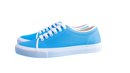 A pair of light blue sneakers with white laces on black bg