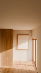 A room with a wooden door and a white frame on the wall. The room is empty and has a simple, clean look premium photo 3d render