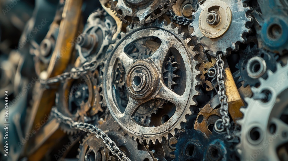 Poster intricate machinery: a close-up of interlocking gears and chains