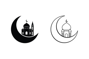 Islamic Crescent Moon Mosque Icons Black, White, Design Elements
