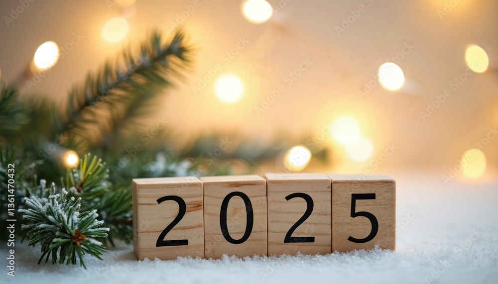 Aufkleber wooden blocks display year 2025. numbers sit on snowy surface with pine branches, bokeh background. 
