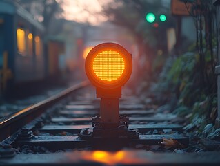 An illuminated orange railroad signal glows beside the train tracks