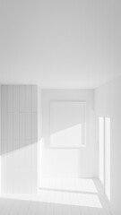 A room with a wooden door and a white frame on the wall. The room is empty and has a simple, clean look premium photo 3d render