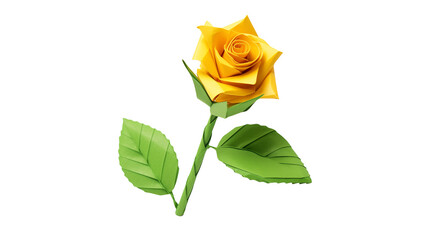 A single yellow origami rose with green leaves on black