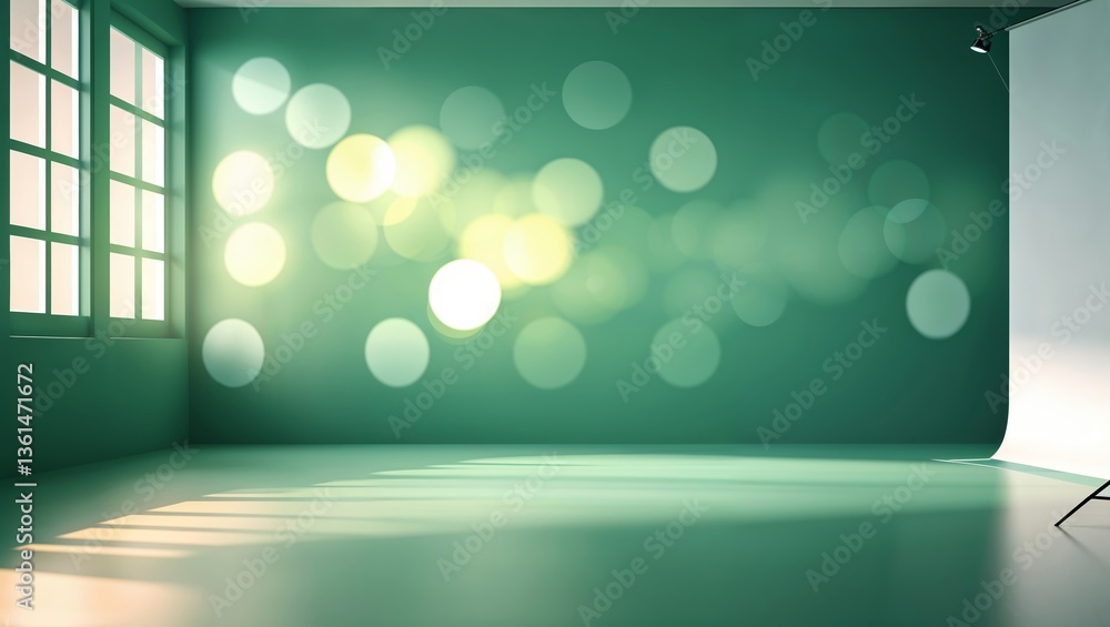 Poster brightly lit studio space with green backdrop and soft bokeh lighting creating a vibrant atmosphere 