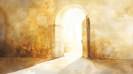 Watercolor of an arched church door slightly ajar with warm light shining through, in soft beige tones.