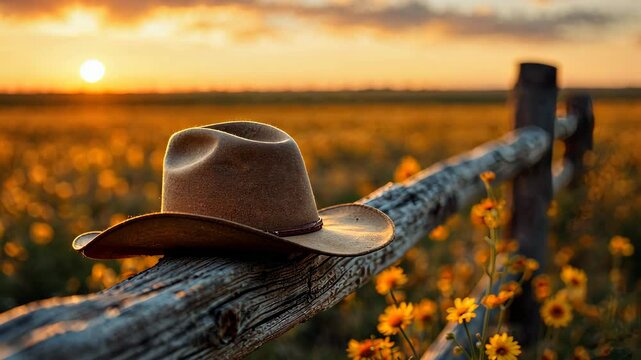 Western Reverie: A weathered cowboy hat rests on a rustic wooden fence against a stunning sunset backdrop, a scene of rural tranquility and adventure. 