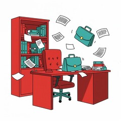 Office organization concept with desk, bookshelves, and floating documents