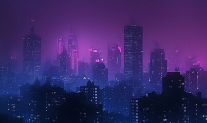Fototapeta premium A dark blue and purple city skyline with skyscrapers and water in the foreground
