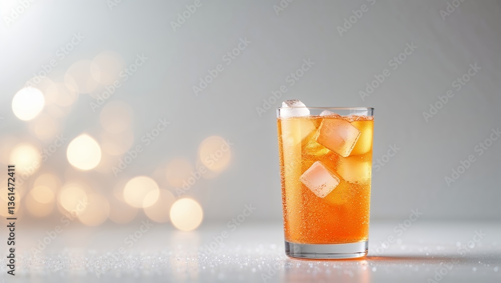 Poster refreshing beverage served in a glass with ice, positioned on a subtle background with faint light b