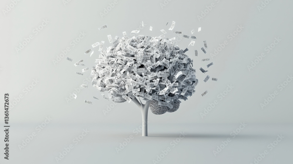Poster conceptual image of tree with branches made of scattered paper, symbolizing growth and creativity. minimalist design and monochrome palette evoke sense of innovation